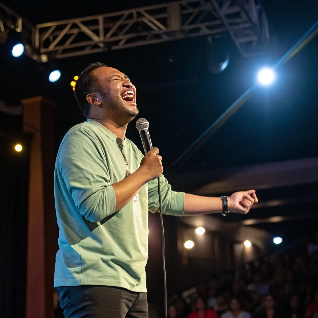 Laughing comedian on stage